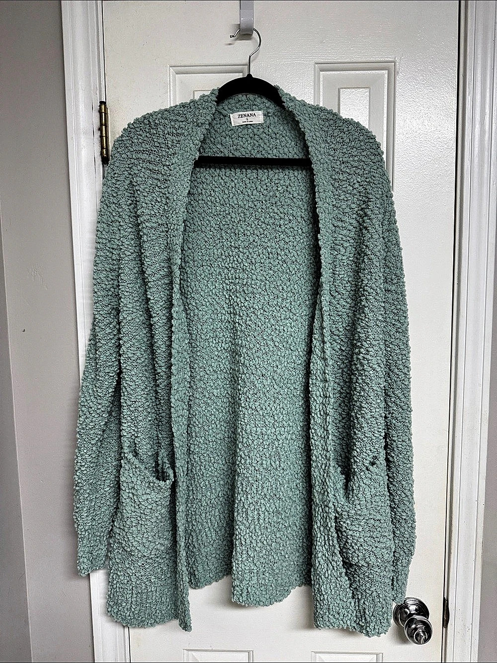 Zenana Popcorn Knit Cardigan XL Sage Green Open Front Pockets Cozy Boho